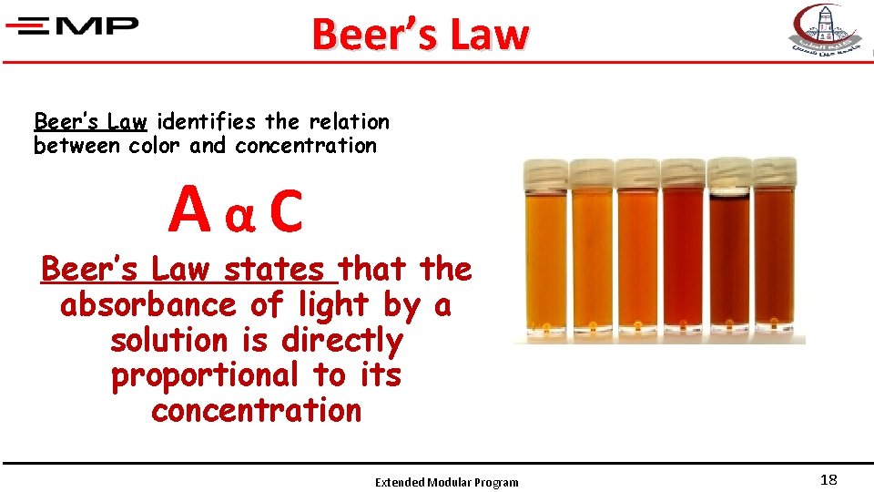 Beer’s Law identifies the relation between color and concentration AαC Beer’s Law states that