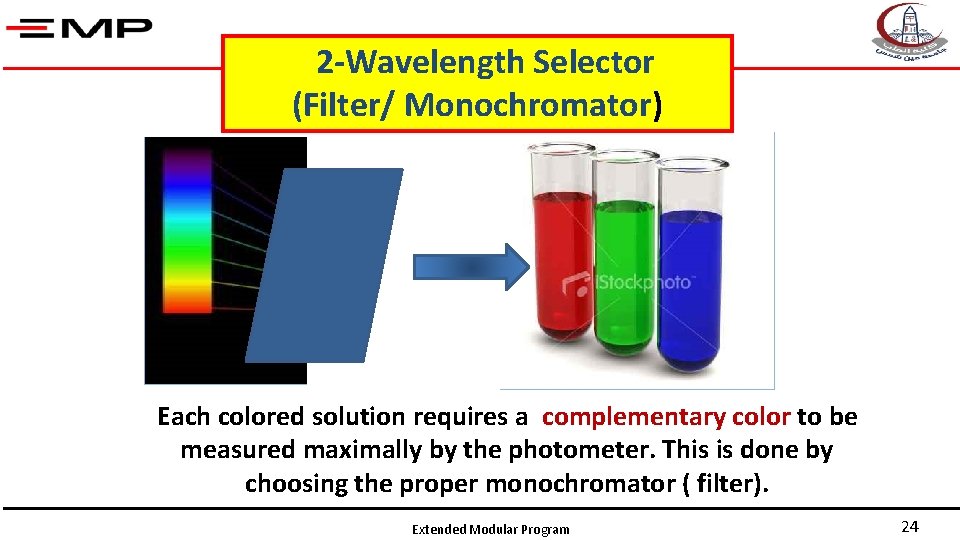 2 -Wavelength Selector (Filter/ Monochromator) Each colored solution requires a complementary color to be