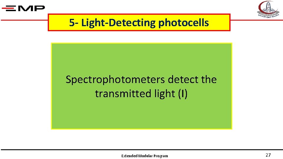 5 - Light-Detecting photocells Spectrophotometers detect the transmitted light (I) Extended Modular Program 27