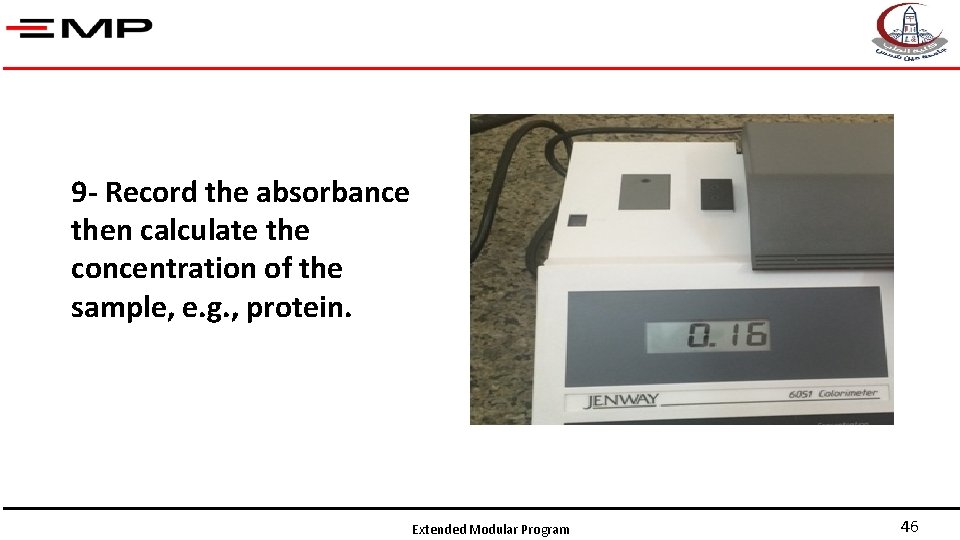 9 - Record the absorbance then calculate the concentration of the sample, e. g.