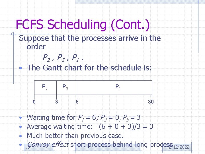 FCFS Scheduling (Cont. ) Suppose that the processes arrive in the order P 2