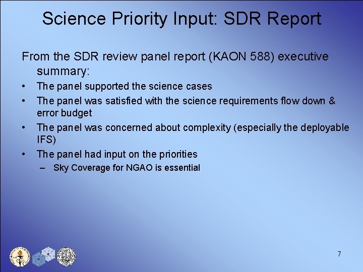 Science Priority Input: SDR Report From the SDR review panel report (KAON 588) executive