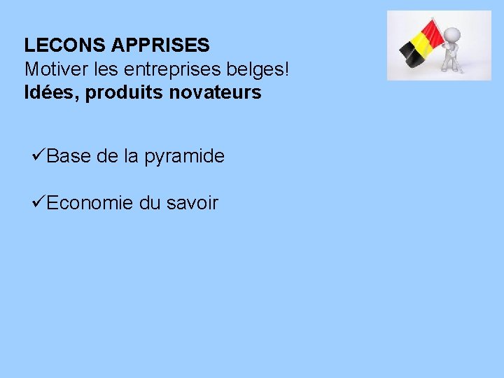 LECONS APPRISES Motiver les entreprises belges! Idées, produits novateurs üBase de la pyramide üEconomie
