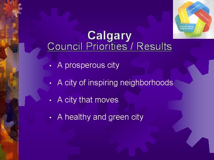 Calgary Council Priorities / Results • A prosperous city • A city of inspiring