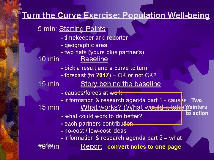 Turn the Curve Exercise: Population Well-being 5 min: Starting Points - timekeeper and reporter