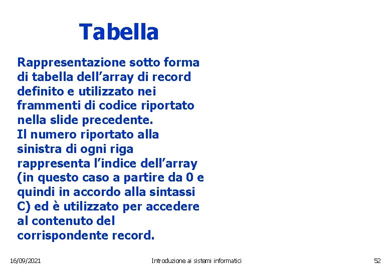 Tabella Rappresentazione sotto forma di tabella dell’array di record definito e utilizzato nei frammenti