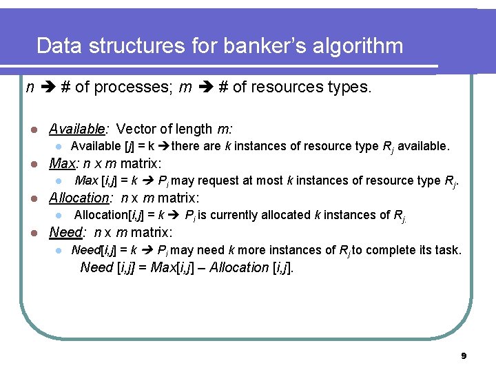Data structures for banker’s algorithm n # of processes; m # of resources types.