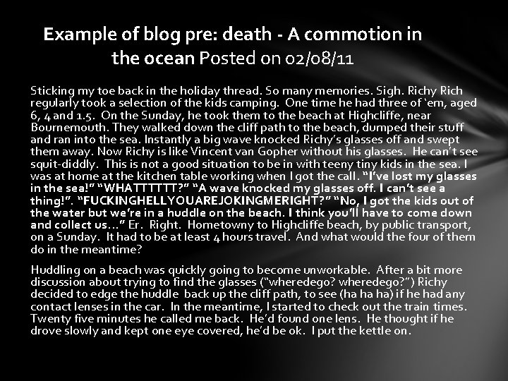 Example of blog pre: death - A commotion in the ocean Posted on 02/08/11