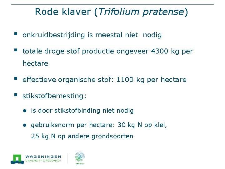 Rode klaver (Trifolium pratense) § onkruidbestrijding is meestal niet nodig § totale droge stof