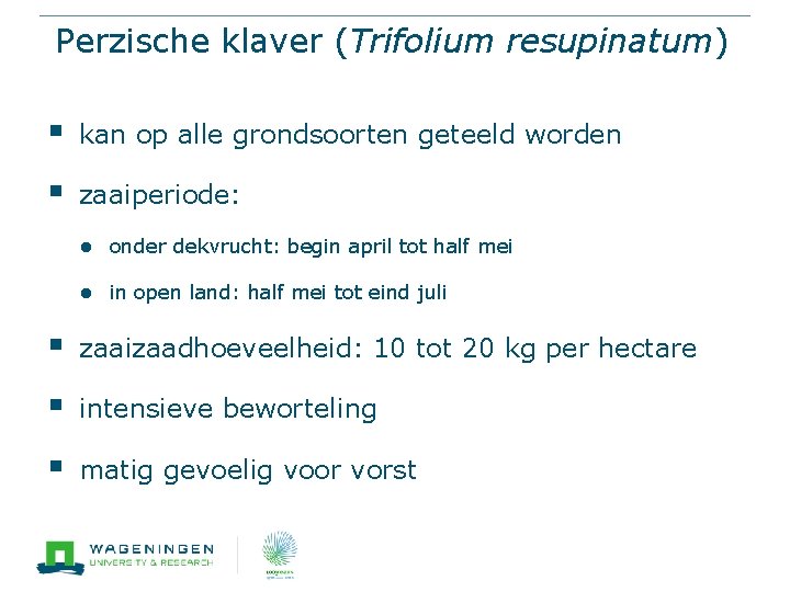 Perzische klaver (Trifolium resupinatum) § kan op alle grondsoorten geteeld worden § zaaiperiode: ●