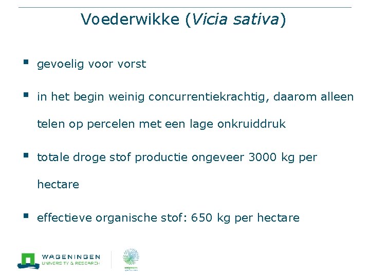 Voederwikke (Vicia sativa) § gevoelig voor vorst § in het begin weinig concurrentiekrachtig, daarom