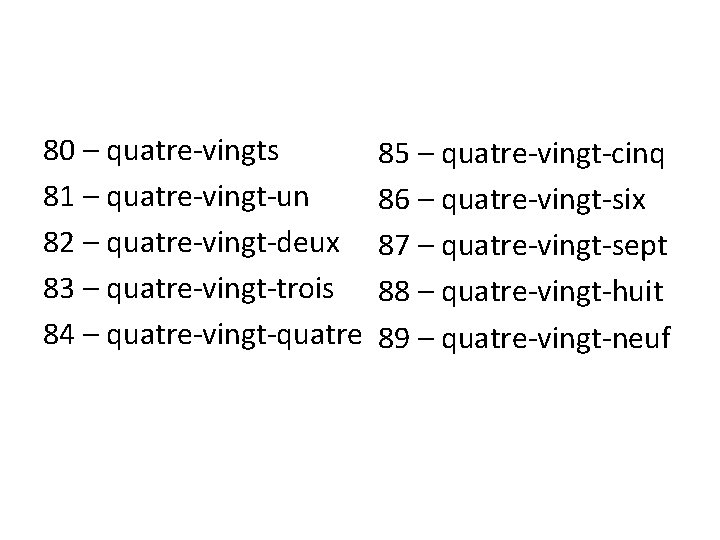 80 – quatre-vingts 81 – quatre-vingt-un 82 – quatre-vingt-deux 83 – quatre-vingt-trois 84 –