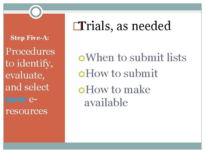 �Trials, as needed Step Five-A: Procedures to identify, evaluate, and select new eresources When