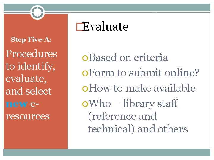 �Evaluate Step Five-A: Procedures to identify, evaluate, and select new eresources Based on criteria