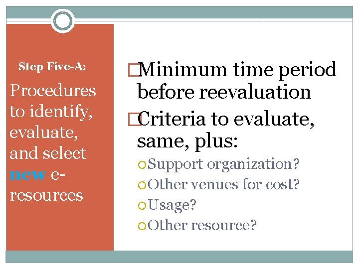 Step Five-A: Procedures to identify, evaluate, and select new eresources �Minimum time period before
