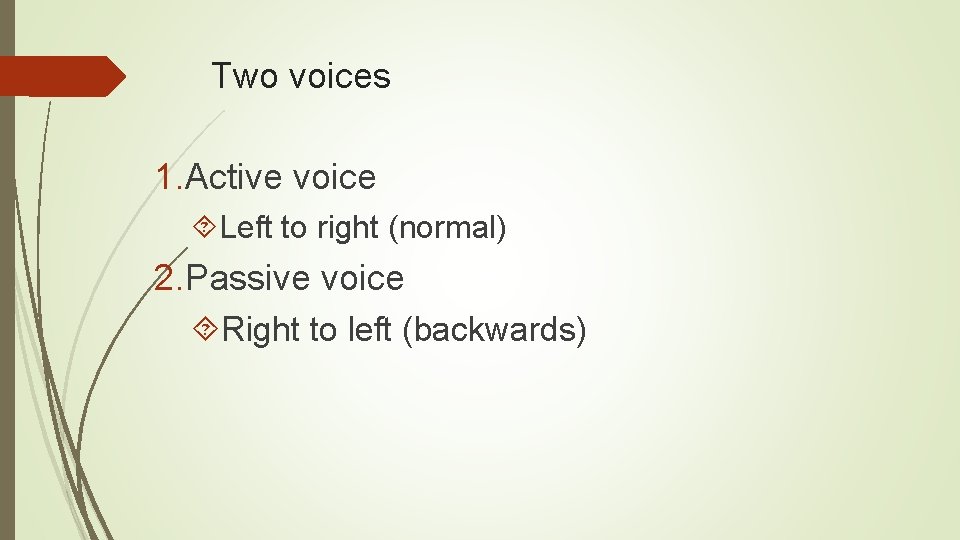 Two voices 1. Active voice Left to right (normal) 2. Passive voice Right to