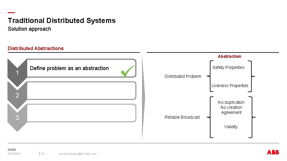 — Traditional Distributed Systems Solution approach Distributed Abstractions Abstraction 1 Safety Properties Define problem
