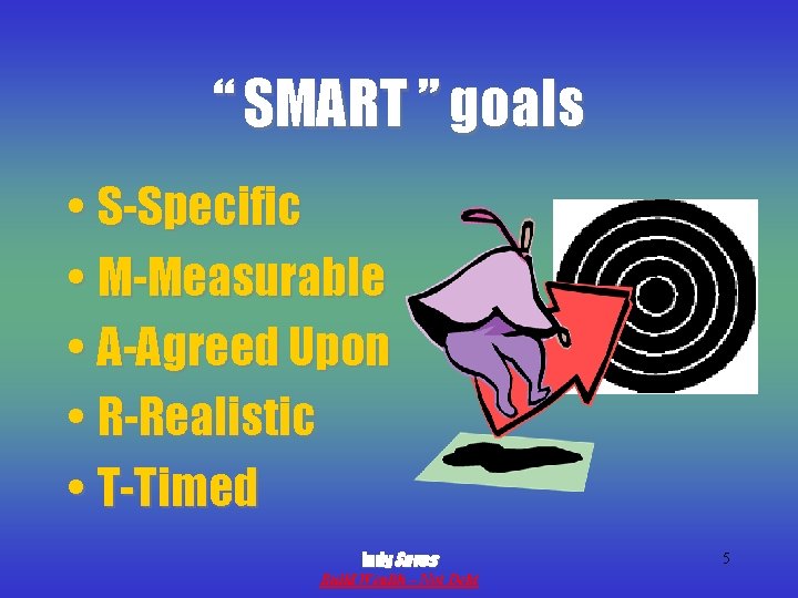 “ SMART ” goals • S-Specific • M-Measurable • A-Agreed Upon • R-Realistic •