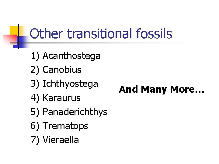 Other transitional fossils 1) 2) 3) 4) 5) 6) 7) Acanthostega Canobius Ichthyostega Karaurus Other transitional fossils 1) 2) 3) 4) 5) 6) 7) Acanthostega Canobius Ichthyostega Karaurus