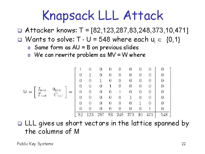 Knapsack LLL Attack q q Attacker knows: T = [82, 123, 287, 83, 248,