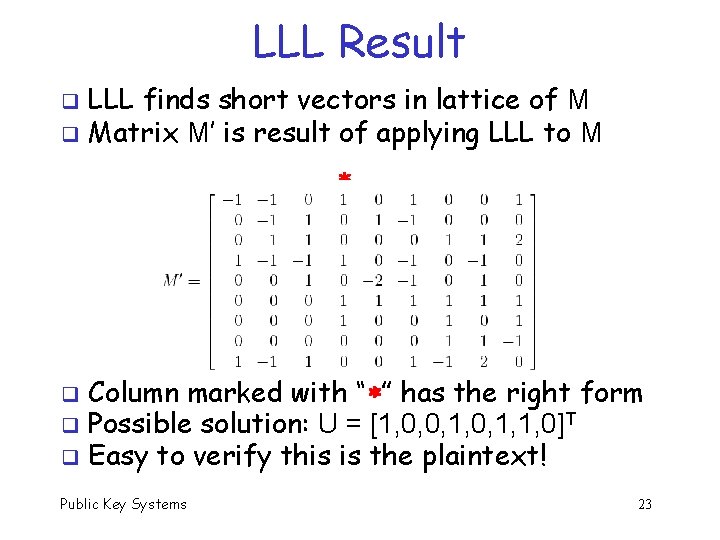 LLL Result LLL finds short vectors in lattice of M q Matrix M’ is