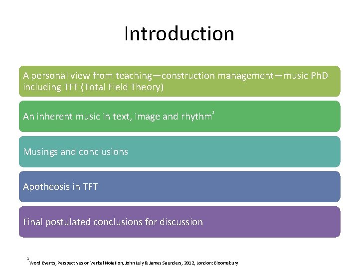 Introduction A personal view from teaching—construction management—music Ph. D including TFT (Total Field Theory)