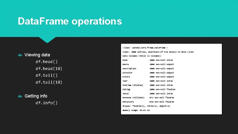 Data. Frame operations <class 'pandas. core. frame. Data. Frame'> Viewing data df. head() df.