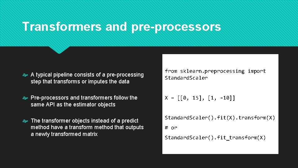 Transformers and pre-processors A typical pipeline consists of a pre-processing step that transforms or