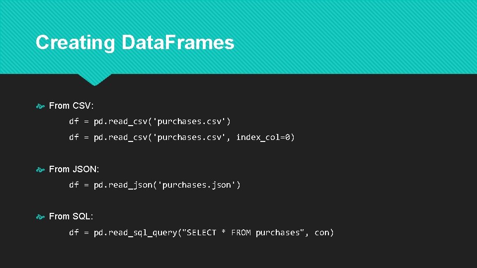 Creating Data. Frames From CSV: df = pd. read_csv('purchases. csv') df = pd. read_csv('purchases.