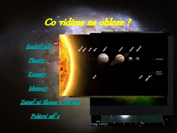 Co vidíme na obloze ? Souhvězdí Planety Komety Meteory Zatmění Slunce a Měsíce Polární