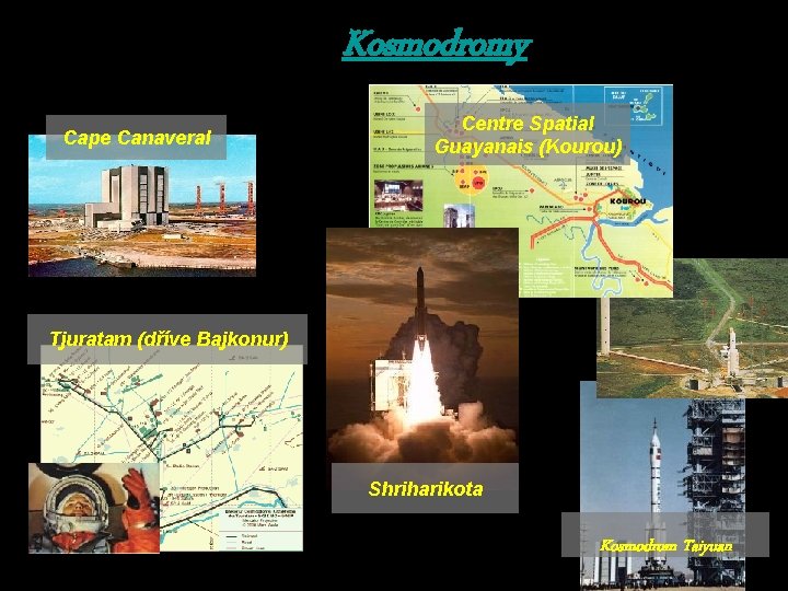 Kosmodromy Cape Canaveral Centre Spatial Guayanais (Kourou) Tjuratam (dříve Bajkonur) Shriharikota Kosmodrom Taiyuan 