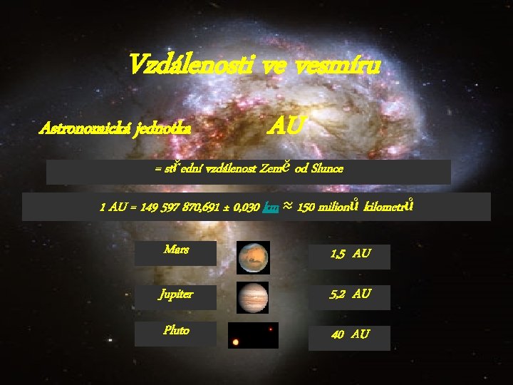 Vzdálenosti ve vesmíru Astronomická jednotka AU = střední vzdálenost Země od Slunce 1 AU