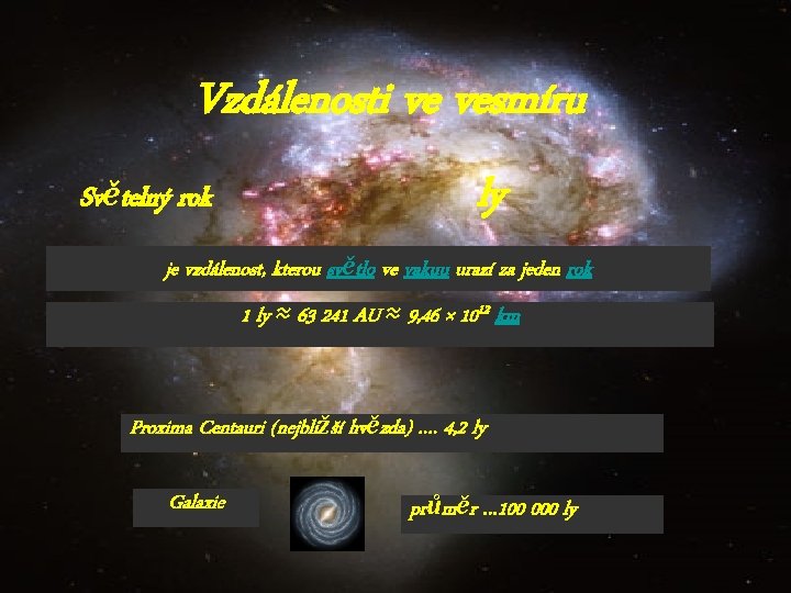 Vzdálenosti ve vesmíru Světelný rok ly je vzdálenost, kterou světlo ve vakuu urazí za