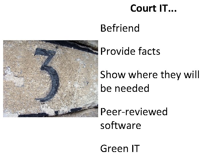 Court IT. . . Befriend Provide facts Show where they will be needed Peer-reviewed