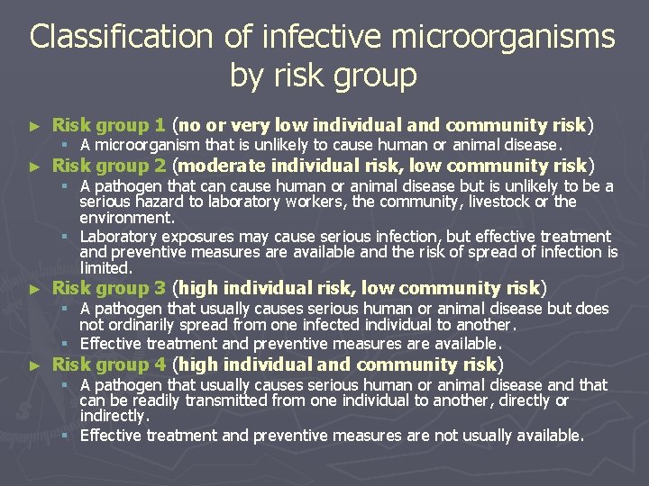 Classification of infective microorganisms by risk group ► Risk group 1 (no or very