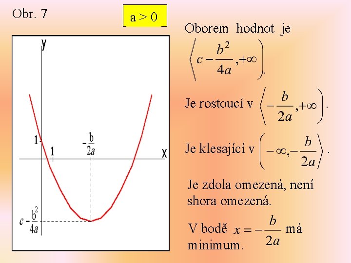 Obr. 7 a>0 Oborem hodnot je. Je rostoucí v . Je klesající v .