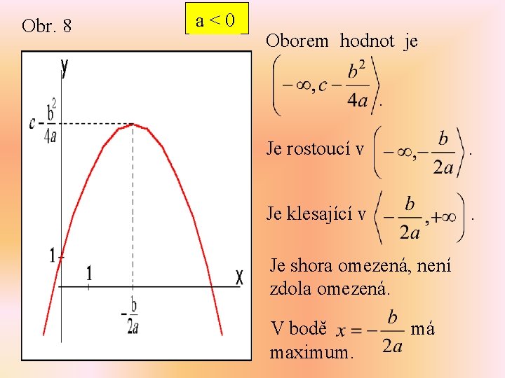 Obr. 8 a<0 Oborem hodnot je. Je rostoucí v . Je klesající v .