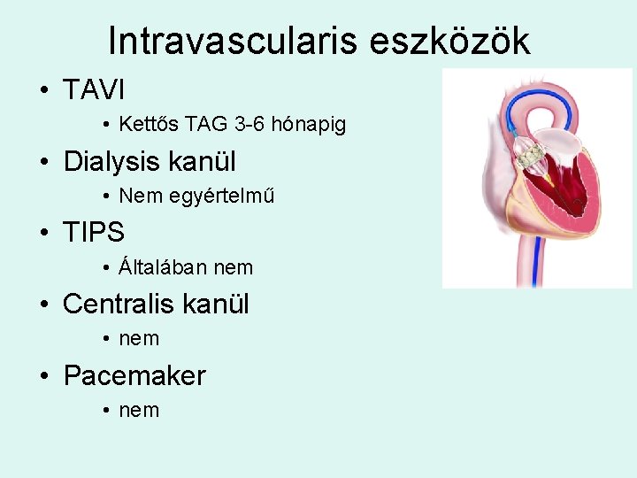 Intravascularis eszközök • TAVI • Kettős TAG 3 -6 hónapig • Dialysis kanül •