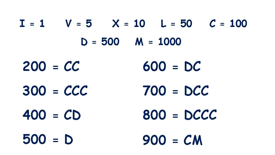 I = 1 V = 5 X = 10 D = 500 L =
