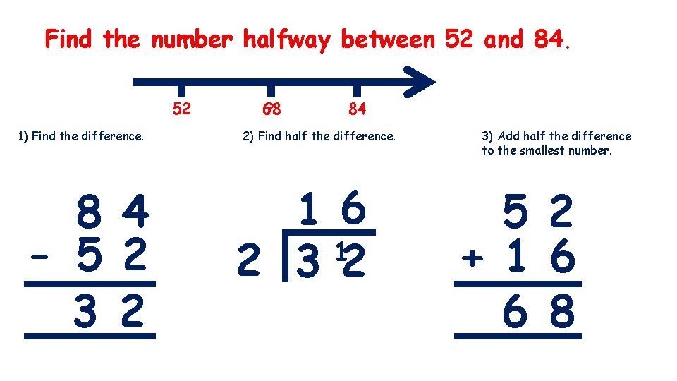 Find the number halfway between 52 and 84. 52 1) Find the difference. 8