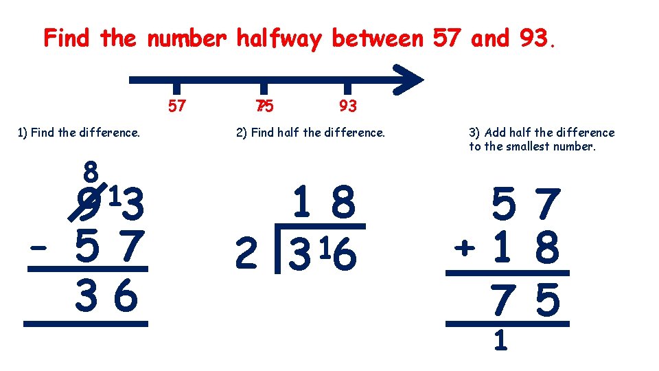 Find the number halfway between 57 and 93. 57 1) Find the difference. 8