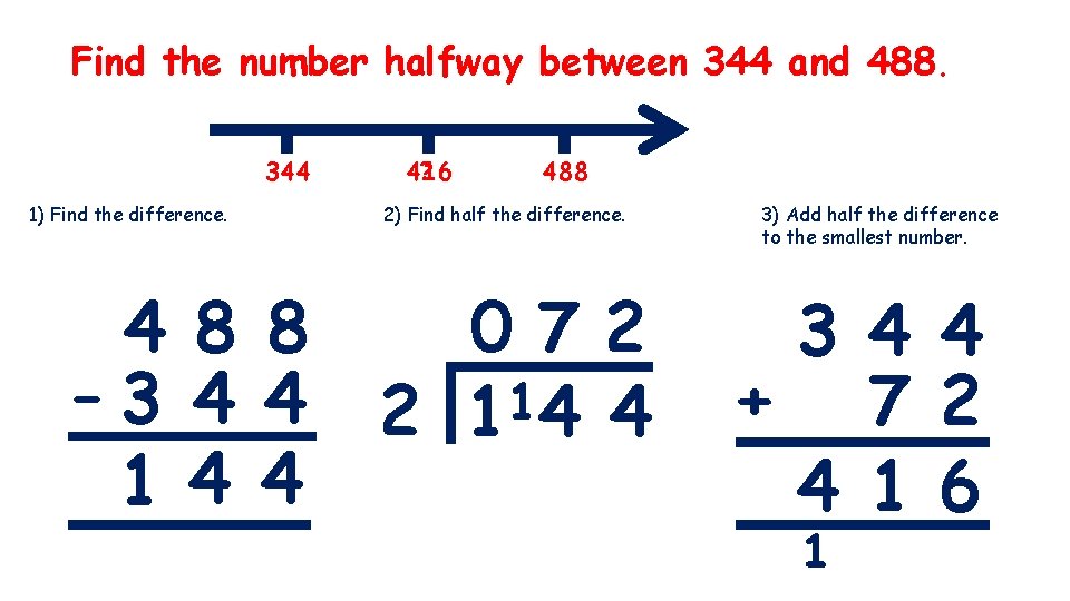 Find the number halfway between 344 and 488. 344 1) Find the difference. 4