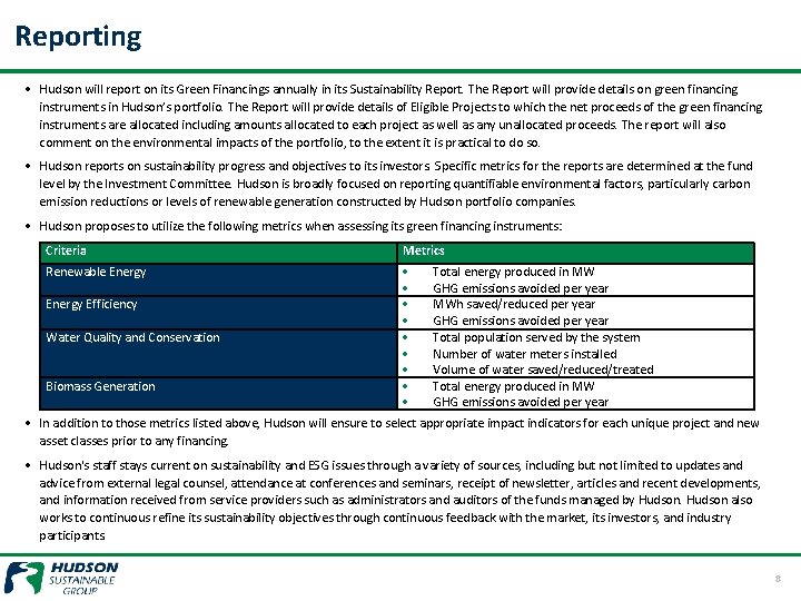 Reporting • Hudson will report on its Green Financings annually in its Sustainability Report.