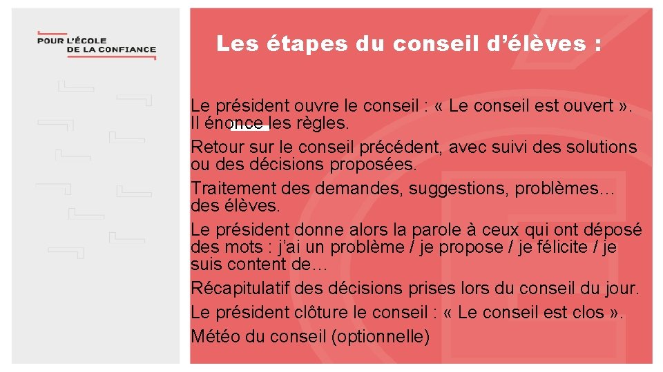 Les étapes du conseil d’élèves : Le président ouvre le conseil : « Le