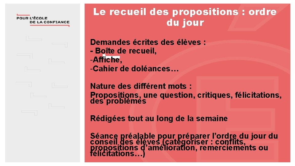 Le recueil des propositions : ordre du jour Demandes écrites des élèves : -