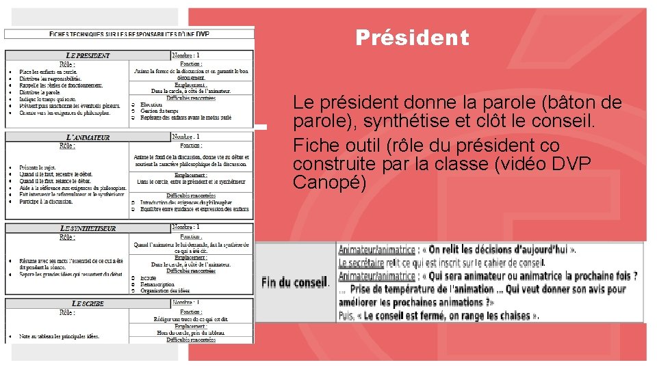 Président Le président donne la parole (bâton de parole), synthétise et clôt le conseil.