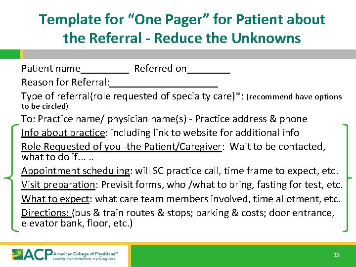 Template for “One Pager” for Patient about the Referral - Reduce the Unknowns Patient