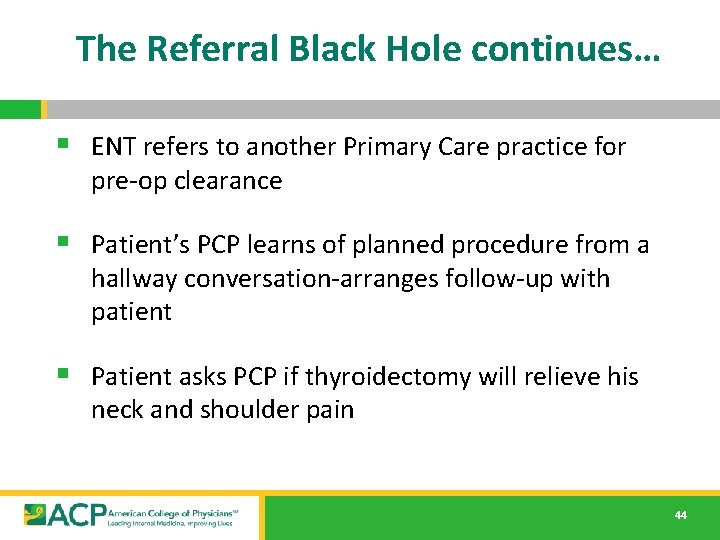 The Referral Black Hole continues… § ENT refers to another Primary Care practice for