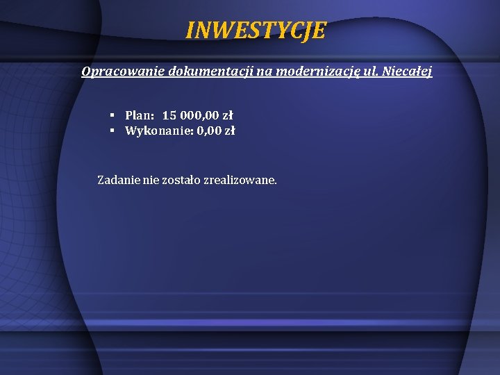 INWESTYCJE Opracowanie dokumentacji na modernizację ul. Niecałej § Plan: 15 000, 00 zł §