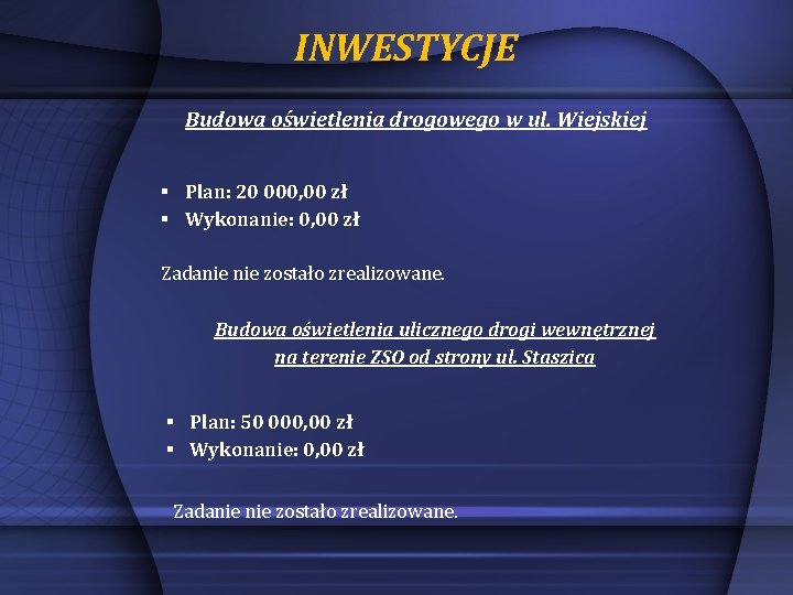 INWESTYCJE Budowa oświetlenia drogowego w ul. Wiejskiej § Plan: 20 000, 00 zł §